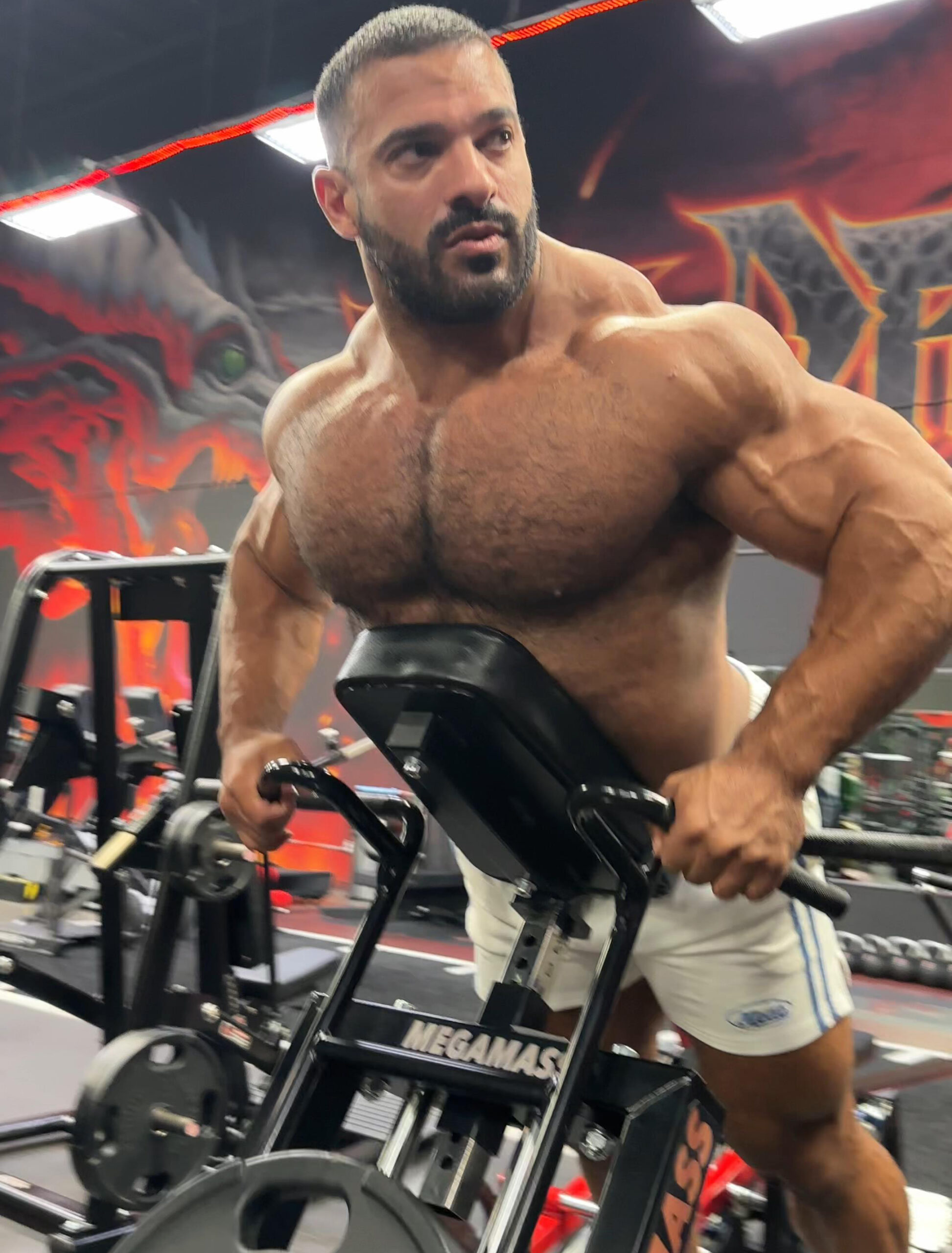 Lars Gorilla showcasing his muscular bodybuilding physique while training on a plate-loaded rowing machine at the gym, highlighting his chest, shoulders, arms, and back development.